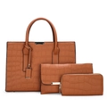 Three-piece women's handbag set in dark brown crocodile pattern with tote and wallets - Three-Piece Set / Brown