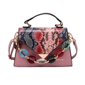 Pink leather handbag with snakeskin pattern flap and colorful acrylic chain strap - Pink