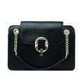 Classic black leather square handbag featuring large gold metal buckle and chain strap - Black