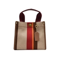 Striped canvas tote bag in beige and orange with brown leather trim and metal clasp - Red Small