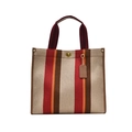 Vintage canvas striped tote bag with red handles and metal turn-lock closure in large size - Red Large