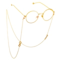 Detail of round gold glasses with matching infinity symbol spectacle chain - Gold