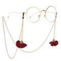 Gafas redondas doradas con finas cadenas de metal y colgantes de flores en raso rojo - Estilo Flor Roja Oscura