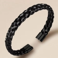 Detailed close-up of a black braided stainless steel wire cuff bracelet for men - Black Color (44乙-D-7)