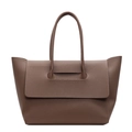 Chic dark brown lychee textured tote bag with top handles and flap for women - Khaki