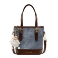 Sac seau en denim bleu et cuir marron avec breloque en peluche et boucles métalliques - Avec Pendentif / Bleu