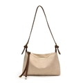 Borsa a spalla scamosciata beige con sottili tracolle marroni e fibbie dorate - Cachi