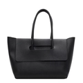 Large black lychee pattern leather tote bag with dual handles and flap closure - Black