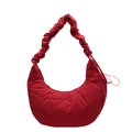 Quilted red dumpling shoulder bag with a wide pleated strap and lightweight nylon fabric - Red