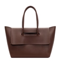 Dark brown tote bag in pebbled leather with minimalist flap and architectual handle design - Brown