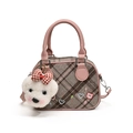 Borsa scozzese marrone in stile giapponese con manici in pelle rosa e ciondolo a cane - Rosa e Grigio (Con Ciondolo)