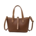 Brown lychee leather bucket tote bag with dual handles and adjustable shoulder strap - Brown
