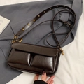 Dark brown glossy leather underarm bag with double pockets and gold rivet wide strap - Coffee