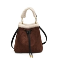 Brown faux suede bucket bag with white faux fur trim and black drawstring straps - Brown