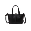 Chic black lychee grain leather bucket tote bag with metal buckle and shoulder strap - Black