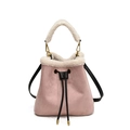 Pink suede bucket bag with white faux fur trim and black drawstring shoulder strap - Pink