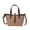 Borsa tote in pelle motivo litchi bicolore marrone e beige con tracolla regolabile - Cachi