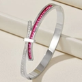 Silver bow knot stainless steel bangle featuring rose red square stones and zircon stones - Steel Color Pink Rhinestone Bow Design Row Stones