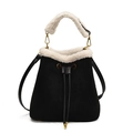 Fashionable black faux suede bucket bag with white plush trim and drawstring detail - Black