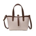 Beige soft leather tote bag with brown handles and contrasting litchi pattern texture - Off White