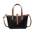 Litchi pattern soft leather tote bag in black and brown contrast shoulder strap style - Black and Khaki