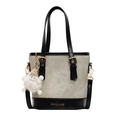 Sac seau en toile beige avec bordure en cuir noir et pendentif en peluche doux - Avec Pendentif / Blanc et Noir