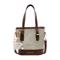 Sac seau en toile beige avec finitions en cuir marron et adorable breloque en peluche - Avec Pendentif / Blanc & Café