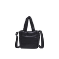 Black puffer tote bag with quilted padding, double handles and adjustable strap - Black