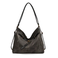 Retro donkergrijze shopper met distressed textuur en zwarte lederen schouderbanden - Zwart