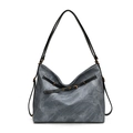 Retro grijze gewassen canvas shopper met zwarte lederen handvatten en bronzen gesp - Blauw