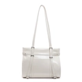 Stijlvolle witte lakslederen tote bag met zilveren gespen en een rechthoekig silhouet - Broken Wit