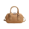 Retro vintage bowling shoulder bag in khaki suede and lychee leather with dual straps - Khaki