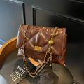 Large dark brown quilted tote bag with golden chain strap and vintage faux leather texture - Coffee