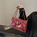 Deep red quilted patent leather flap bag with gold hardware and woven chain strap - Red