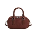 Retro brown suede and leather bowling bag with floral logo zip and shoulder strap - Brown