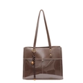 Brown leather tote bag with transparent PVC outer pocket and decorative bell charm - Khaki