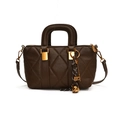 Retro dark brown quilted shoulder bag with top handles and creative hanging charms - With Pendant / Brown