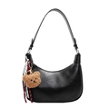 Chic black crescent shoulder bag with a cute bear pendant and a stylish textured finish - Black