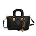 Retro black quilted leather satchel bag with gold hardware and stylish key charms - With Pendant / Black
