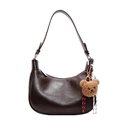 Dark brown matte leather hobo bag with a cute plush bear pendant and elegant curved design - Coffee