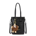 Sac fourre-tout minimaliste en cuir noir avec un charme en peluche marron et bandoulière - Noir - Avec Pendentif