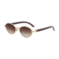 Oval gold metal sunglasses with brown gradient lenses and wood grain temples - C3 Double Tea