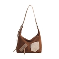 Bolso bandolera de nailon marrón con patchwork de felpa y correa ajustable para uso diario - Marrón
