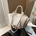 Chic beige lychee grain leather tote bag with folding structure and dual strap options - Off White