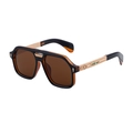 Retro square sunglasses with black amber frames and gold engraved metal temples - Dark Tea Gold Frame Tea Lens