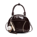 Dark brown shiny patent leather bowling bag with vintage baseball stitching and charms - With Baseball Pendant / Brown