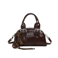 Dark brown retro Boston handbag with oil-wax texture and creative pendant charms - Brown