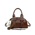 Dark brown oil wax leather Boston bag with double handles and metallic charms - Brown