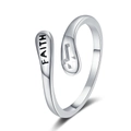 Adjustable silver cross ring featuring engraved FAITH lettering in a minimalist bypass design - Faith Cross Open Style / White Gold