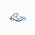 Detail view of silver wavy ring featuring gradient light and dark blue gemstone pave - Adjustable Open / Ring (JZ0066)